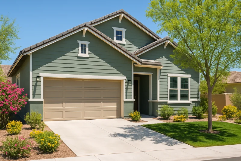 A beautiful, well-maintained newly-built home with a sage green painted siding exterior, Las Vegas style suburban home, well-kept lawn, mature tree...
