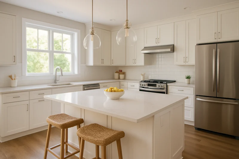 A beautiful contemporary kitchen with quartz countertops interior with bright airy styling