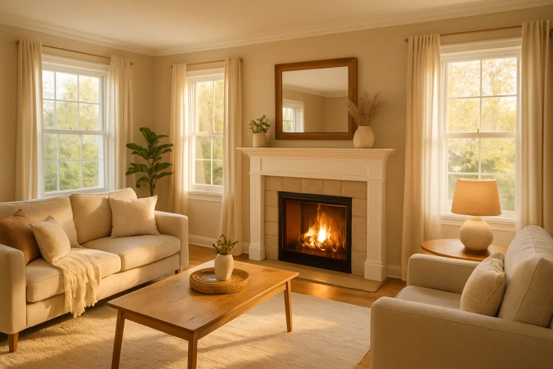 A beautiful cozy living room with a fireplace interior with bright airy styling