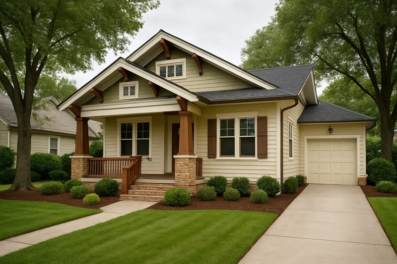 A beautiful, well-maintained craftsman-style bungalow with a cream painted siding exterior, Las Vegas style suburban home, well-kept lawn, mature t...