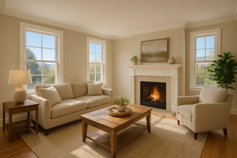 A beautiful cozy living room with a fireplace interior with warm neutral tones