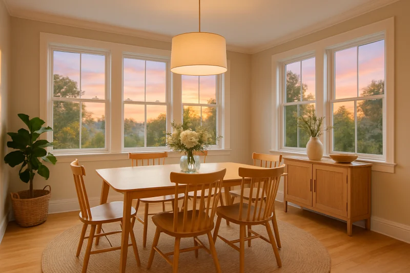 A beautiful sunlit dining area interior with bright airy styling